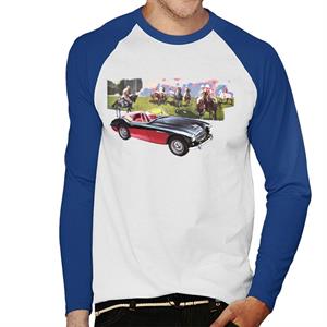 Austin Healey Background Of Sport Horses British Motor Heritage Men's Baseball Long Sleeved T-Shirt